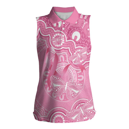 Australia Indigenous Women Sleeveless Polo Shirt Pink Ribbon Breast Cancer Butterfly Aboriginal