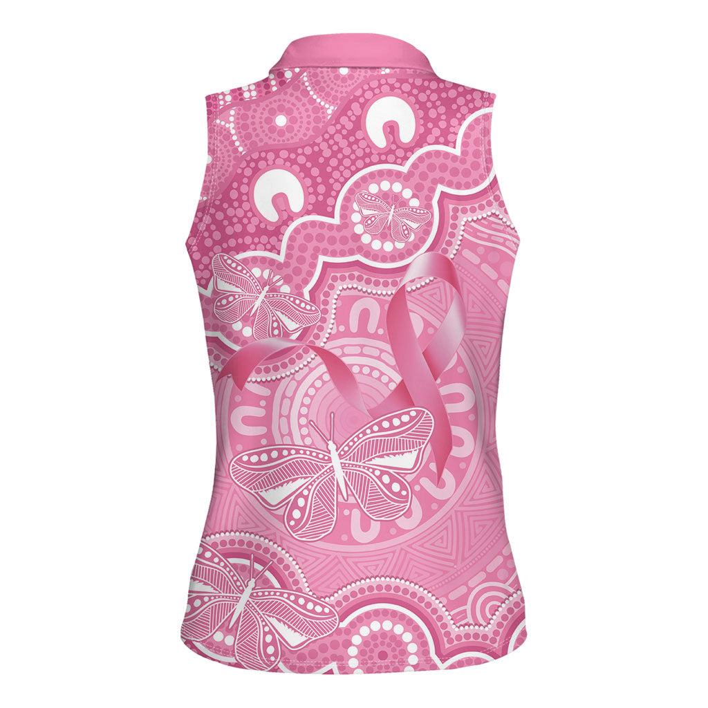 Australia Indigenous Women Sleeveless Polo Shirt Pink Ribbon Breast Cancer Butterfly Aboriginal