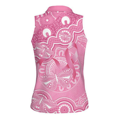 Australia Indigenous Women Sleeveless Polo Shirt Pink Ribbon Breast Cancer Butterfly Aboriginal