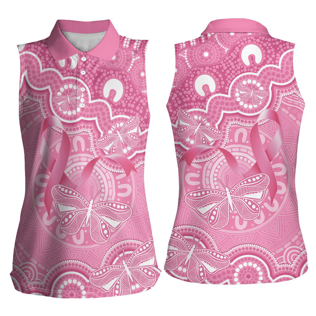Australia Indigenous Women Sleeveless Polo Shirt Pink Ribbon Breast Cancer Butterfly Aboriginal