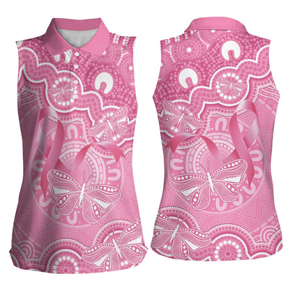 Australia Indigenous Women Sleeveless Polo Shirt Pink Ribbon Breast Cancer Butterfly Aboriginal
