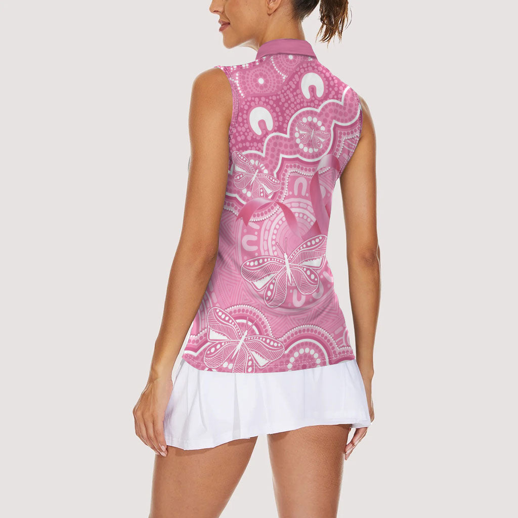 Australia Indigenous Women Sleeveless Polo Shirt Pink Ribbon Breast Cancer Butterfly Aboriginal