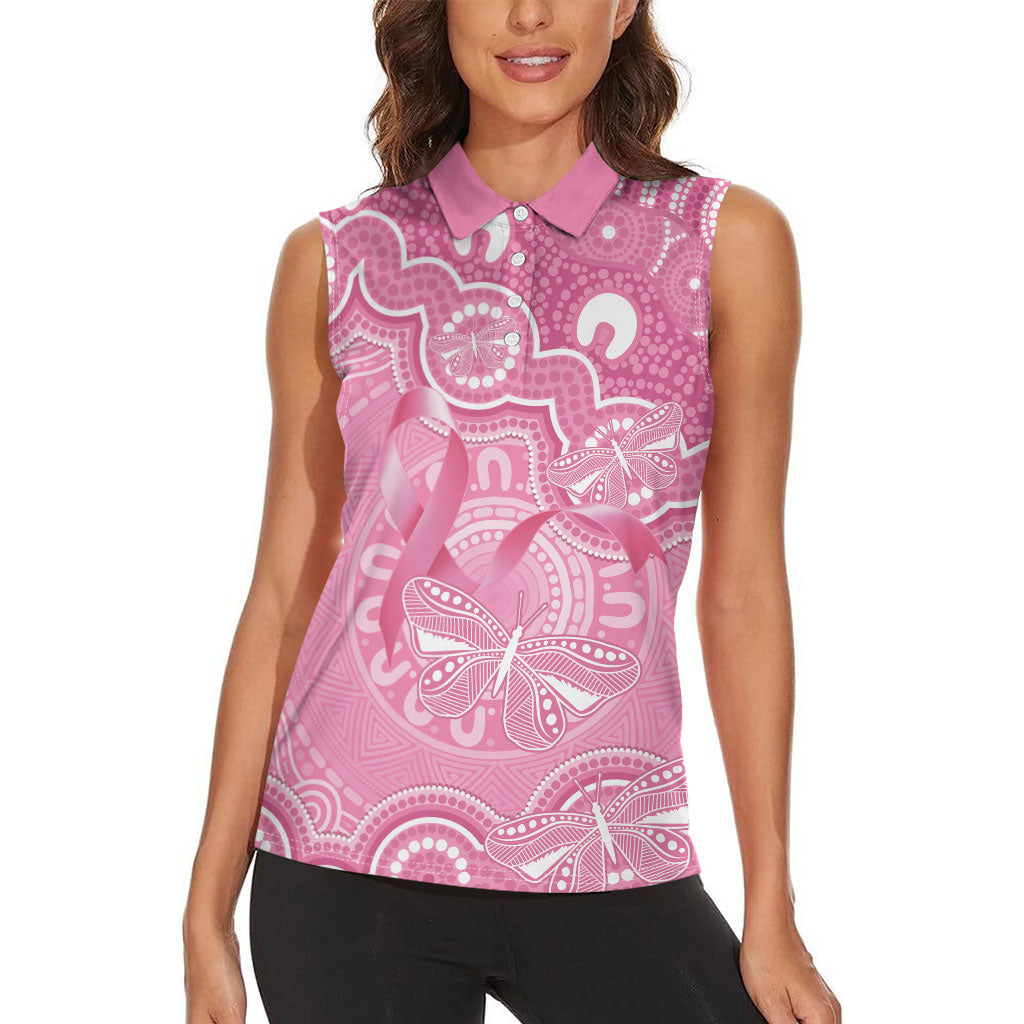 Australia Indigenous Women Sleeveless Polo Shirt Pink Ribbon Breast Cancer Butterfly Aboriginal