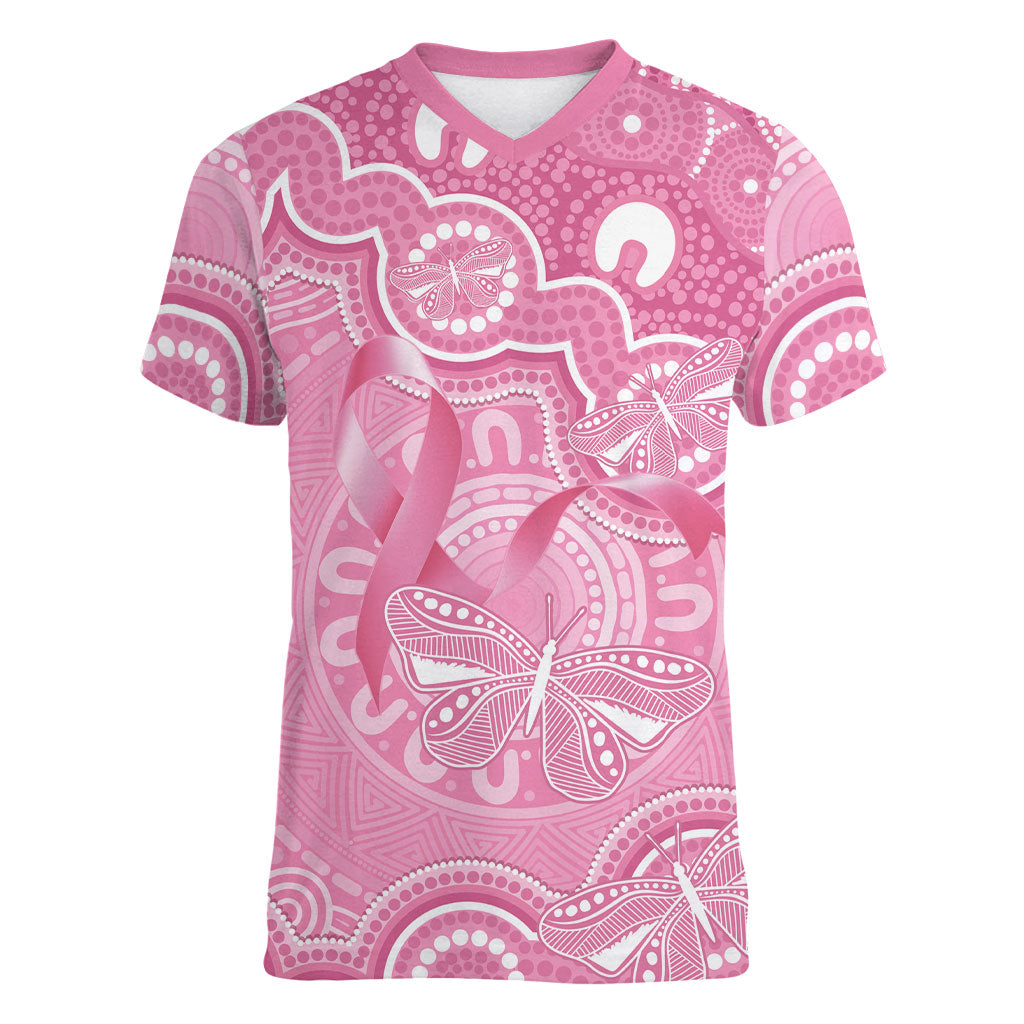 Australia Indigenous Women V-Neck T-Shirt Pink Ribbon Breast Cancer Butterfly Aboriginal