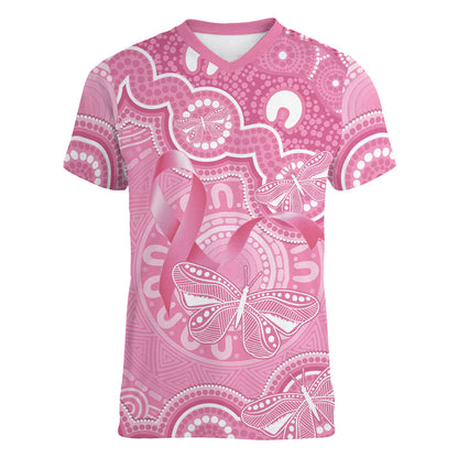 Australia Indigenous Women V-Neck T-Shirt Pink Ribbon Breast Cancer Butterfly Aboriginal