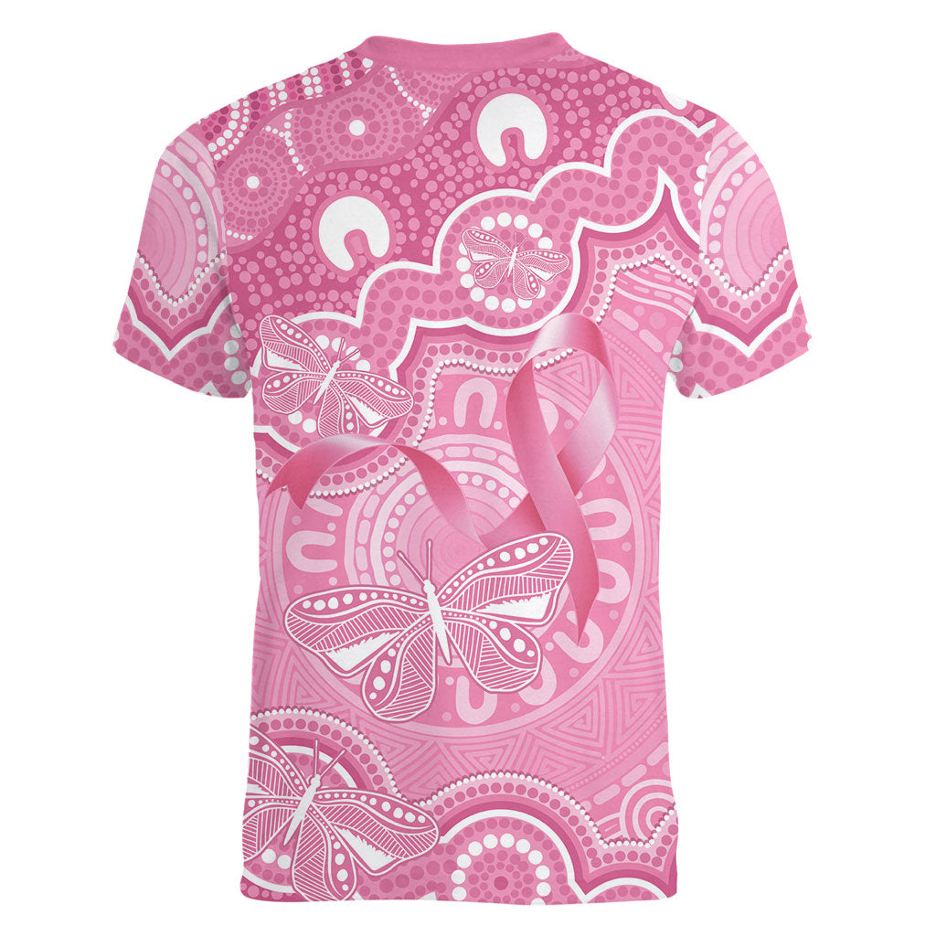 Australia Indigenous Women V-Neck T-Shirt Pink Ribbon Breast Cancer Butterfly Aboriginal