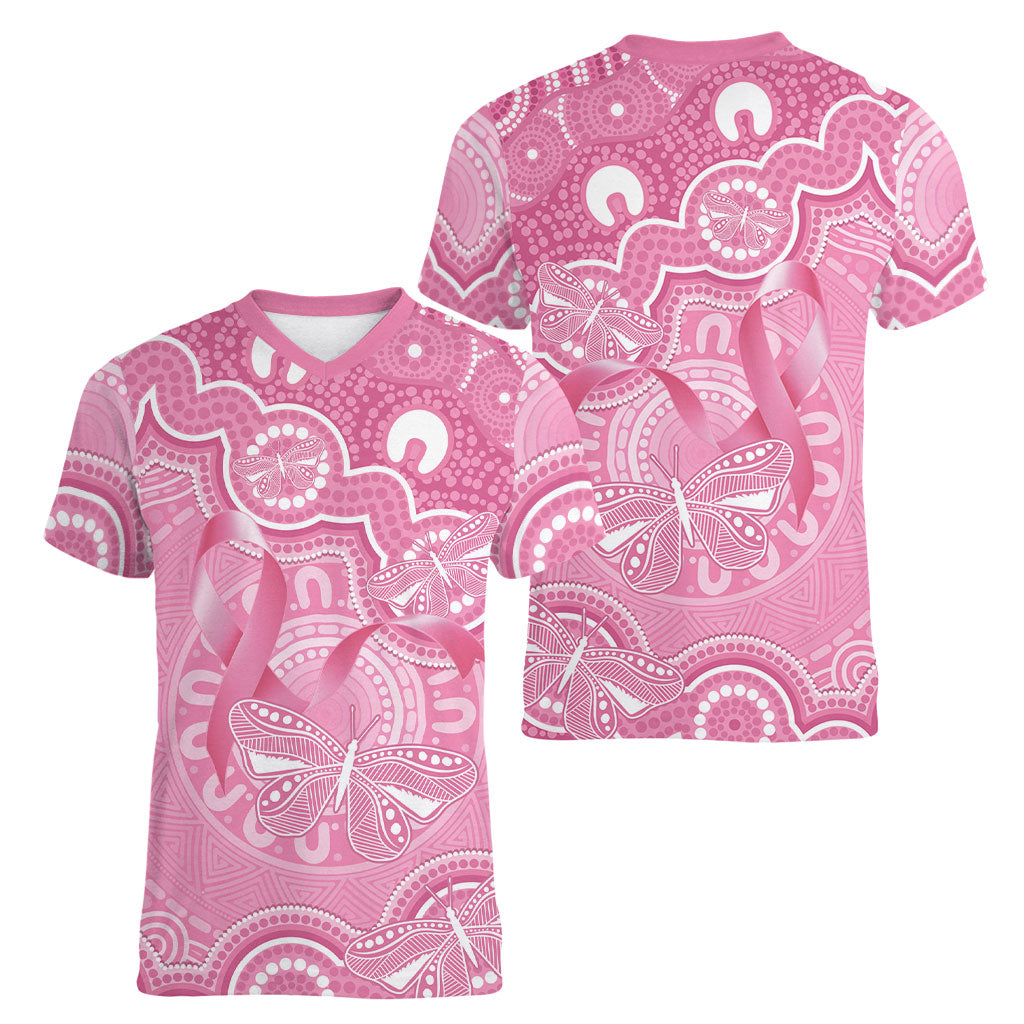 Australia Indigenous Women V-Neck T-Shirt Pink Ribbon Breast Cancer Butterfly Aboriginal