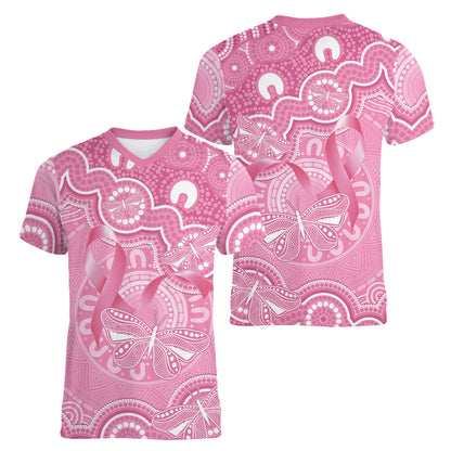 Australia Indigenous Women V-Neck T-Shirt Pink Ribbon Breast Cancer Butterfly Aboriginal