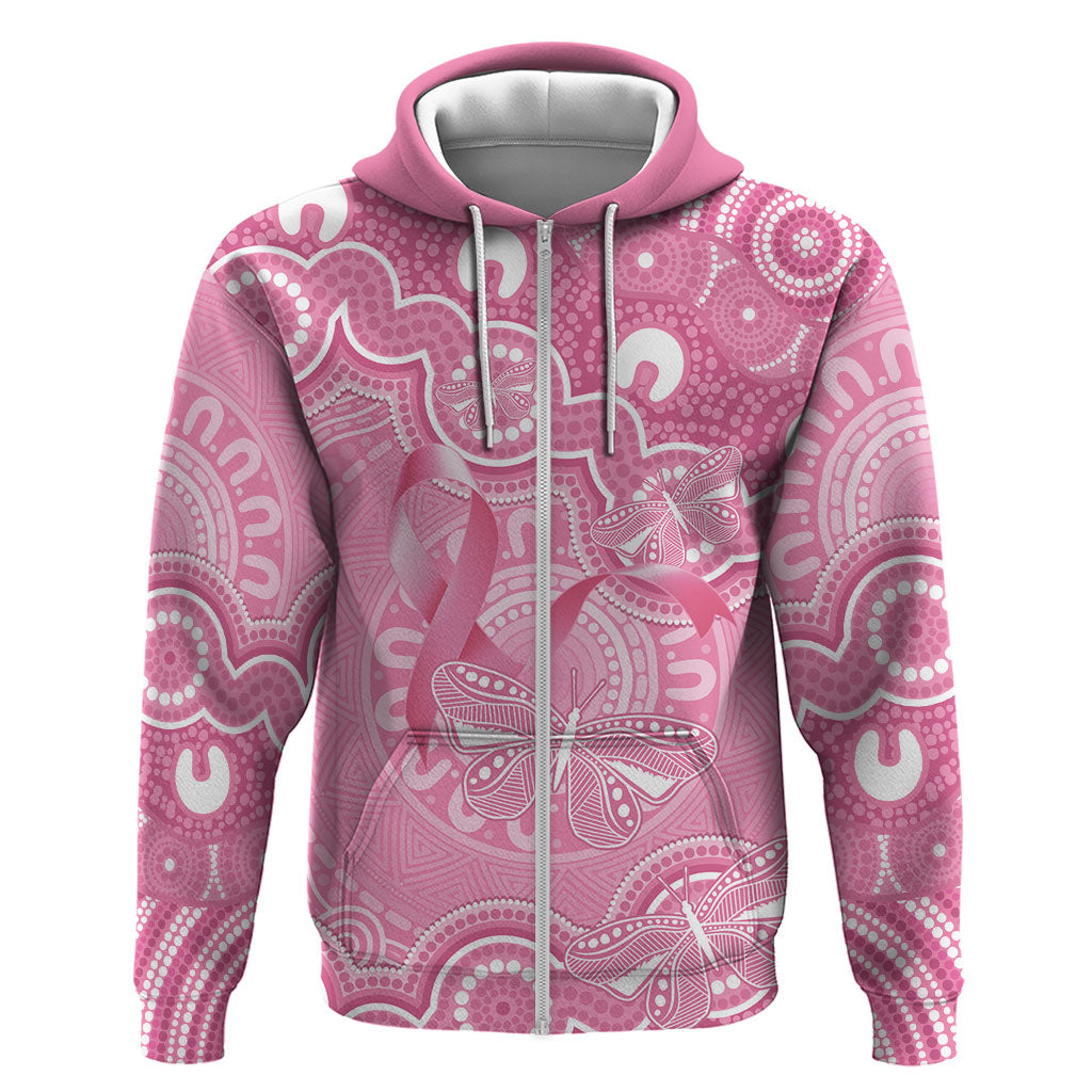 Australia Indigenous Zip Hoodie Pink Ribbon Breast Cancer Butterfly Aboriginal