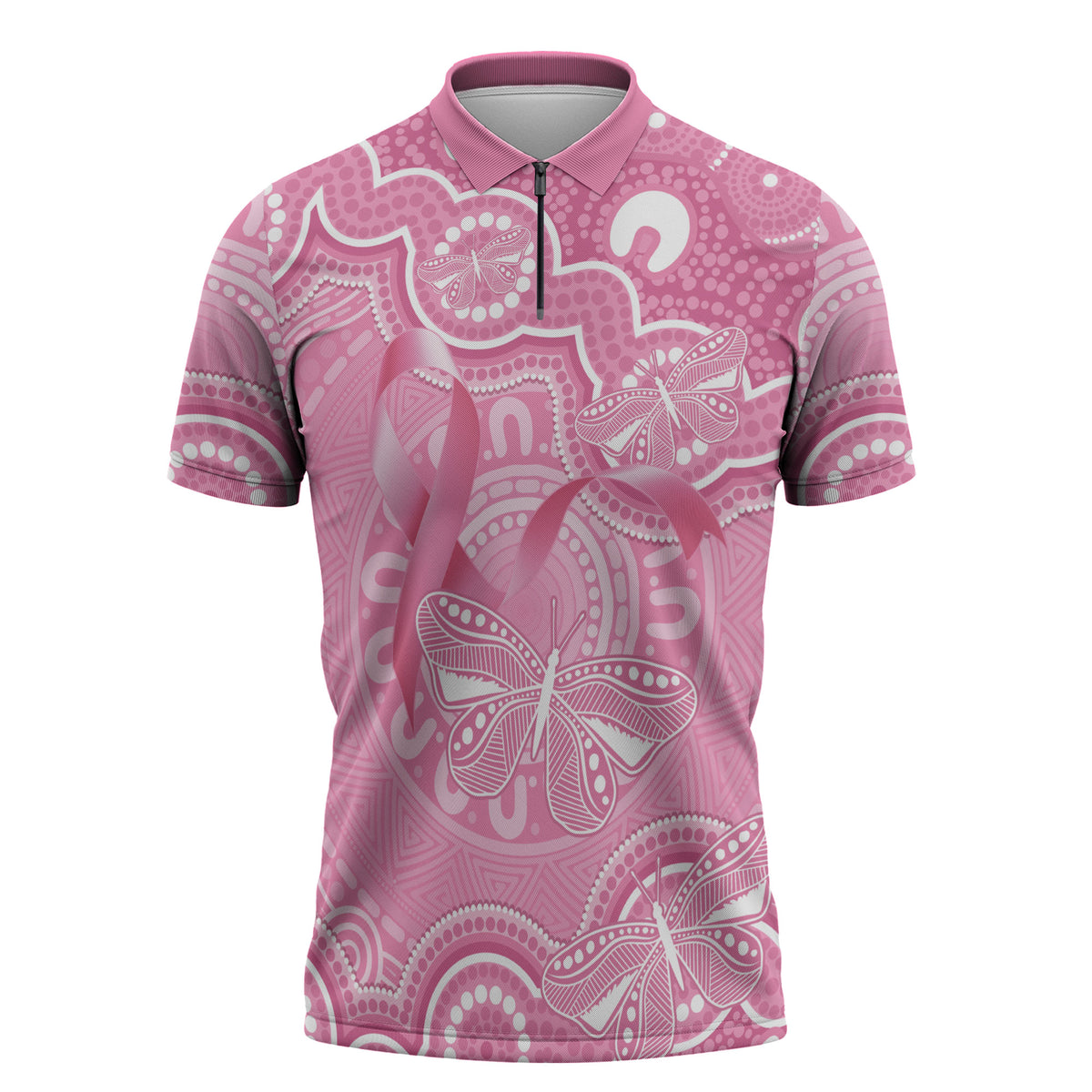 Australia Indigenous Zipper Polo Shirt Pink Ribbon Breast Cancer Butterfly Aboriginal