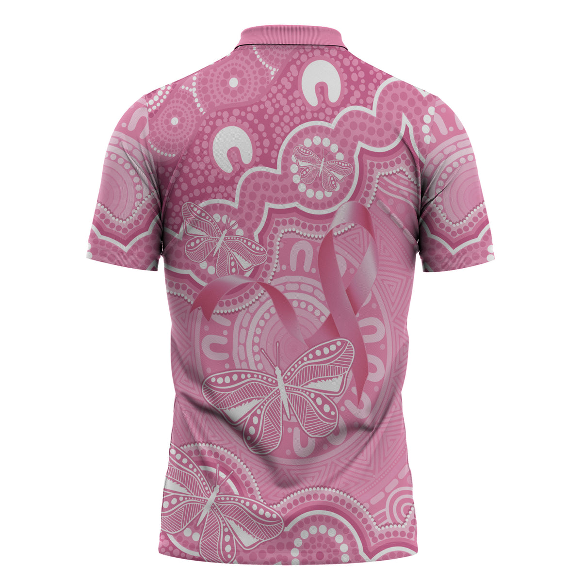 Australia Indigenous Zipper Polo Shirt Pink Ribbon Breast Cancer Butterfly Aboriginal