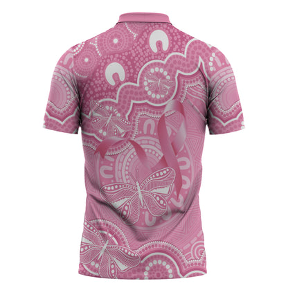 Australia Indigenous Zipper Polo Shirt Pink Ribbon Breast Cancer Butterfly Aboriginal