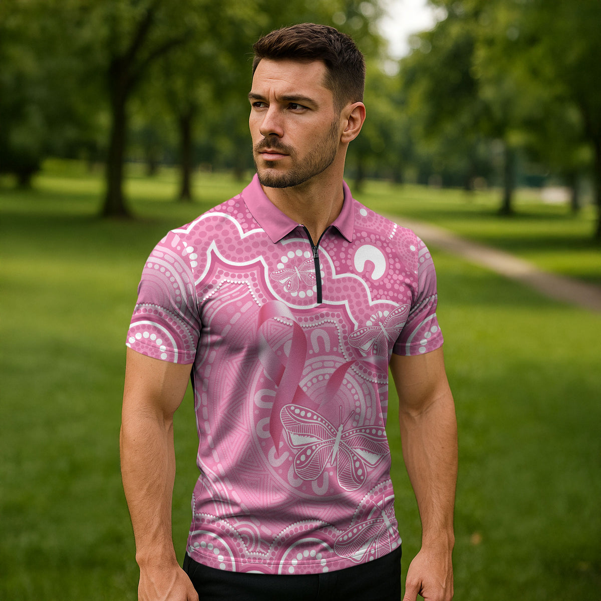 Australia Indigenous Zipper Polo Shirt Pink Ribbon Breast Cancer Butterfly Aboriginal