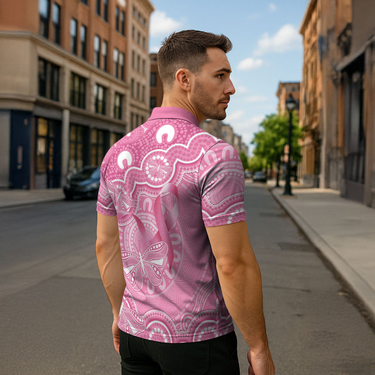 Australia Indigenous Zipper Polo Shirt Pink Ribbon Breast Cancer Butterfly Aboriginal
