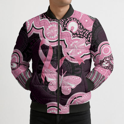 Australia Indigenous Bomber Puffer Jacket Pink Ribbon Breast Cancer Butterfly Aboriginal Black