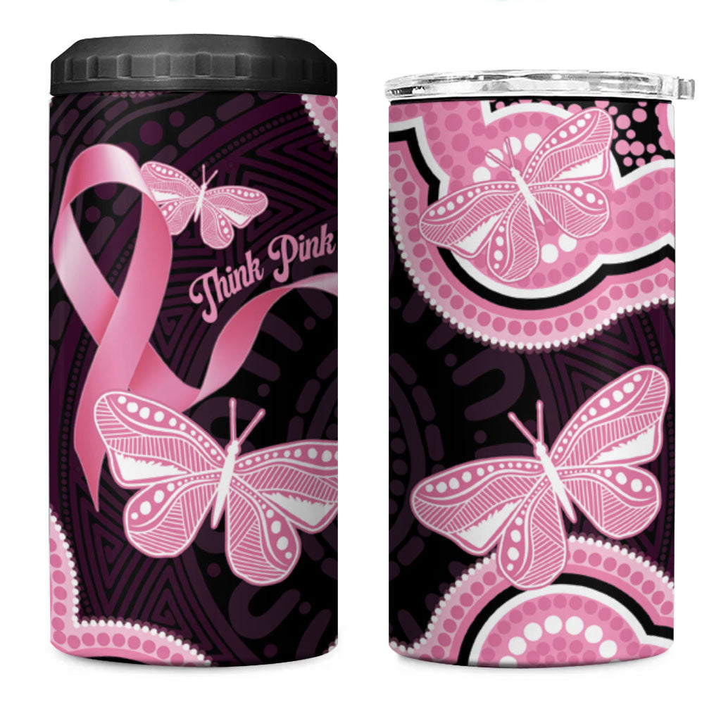 Australia Indigenous 4 in 1 Can Cooler Tumbler Pink Ribbon Breast Cancer Butterfly Aboriginal Black