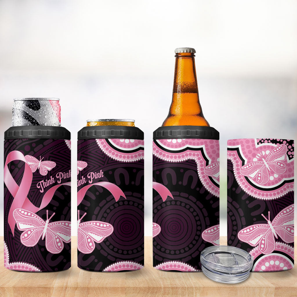 Australia Indigenous 4 in 1 Can Cooler Tumbler Pink Ribbon Breast Cancer Butterfly Aboriginal Black