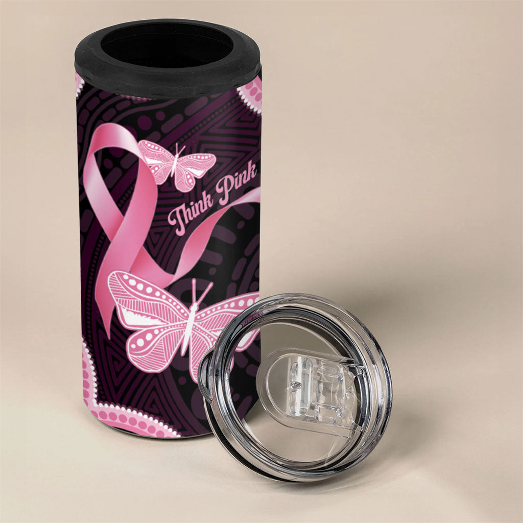 Australia Indigenous 4 in 1 Can Cooler Tumbler Pink Ribbon Breast Cancer Butterfly Aboriginal Black