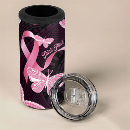 Australia Indigenous 4 in 1 Can Cooler Tumbler Pink Ribbon Breast Cancer Butterfly Aboriginal Black