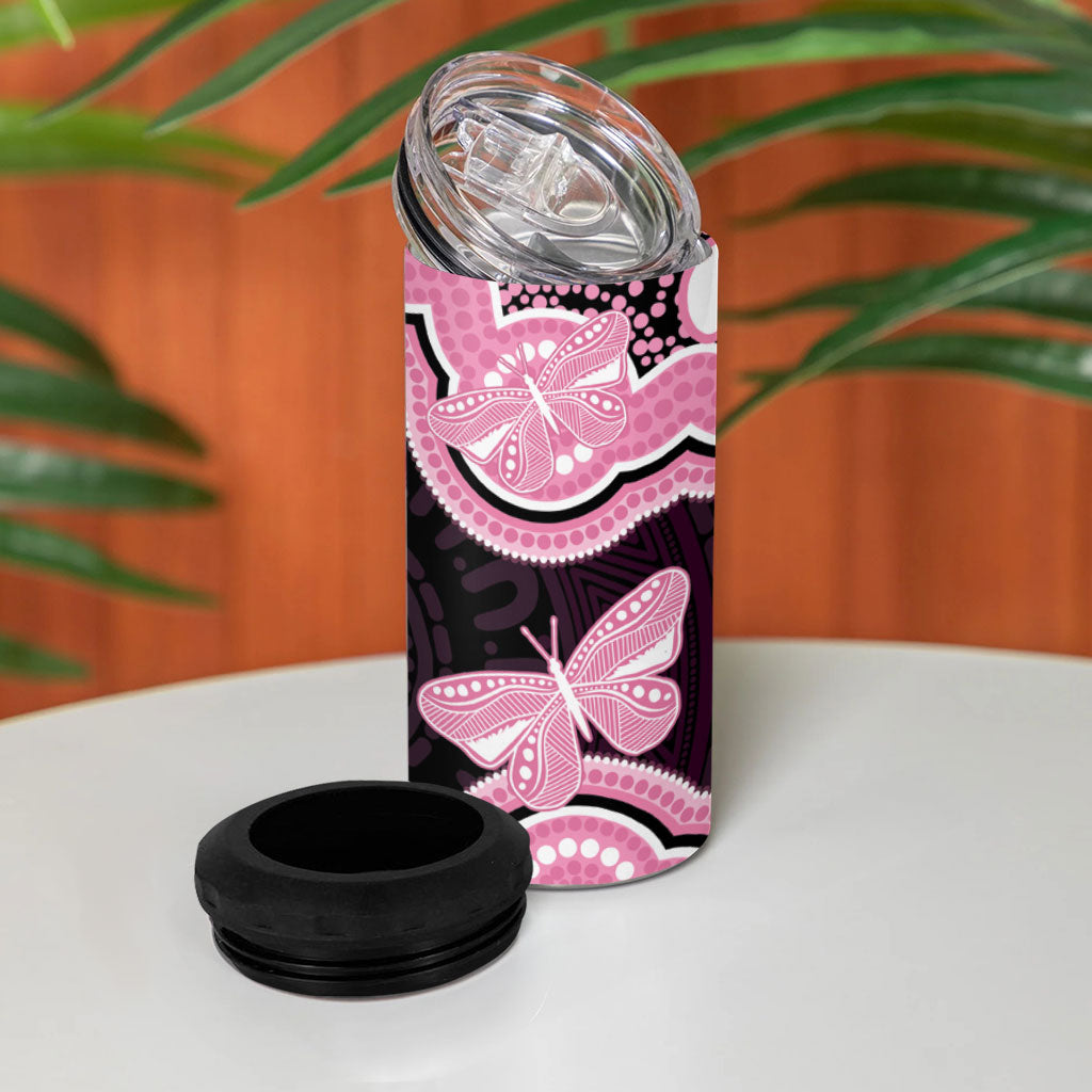 Australia Indigenous 4 in 1 Can Cooler Tumbler Pink Ribbon Breast Cancer Butterfly Aboriginal Black