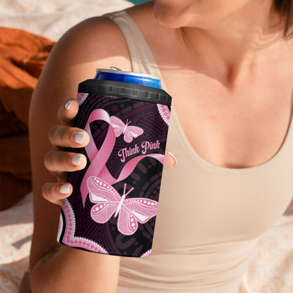 Australia Indigenous 4 in 1 Can Cooler Tumbler Pink Ribbon Breast Cancer Butterfly Aboriginal Black