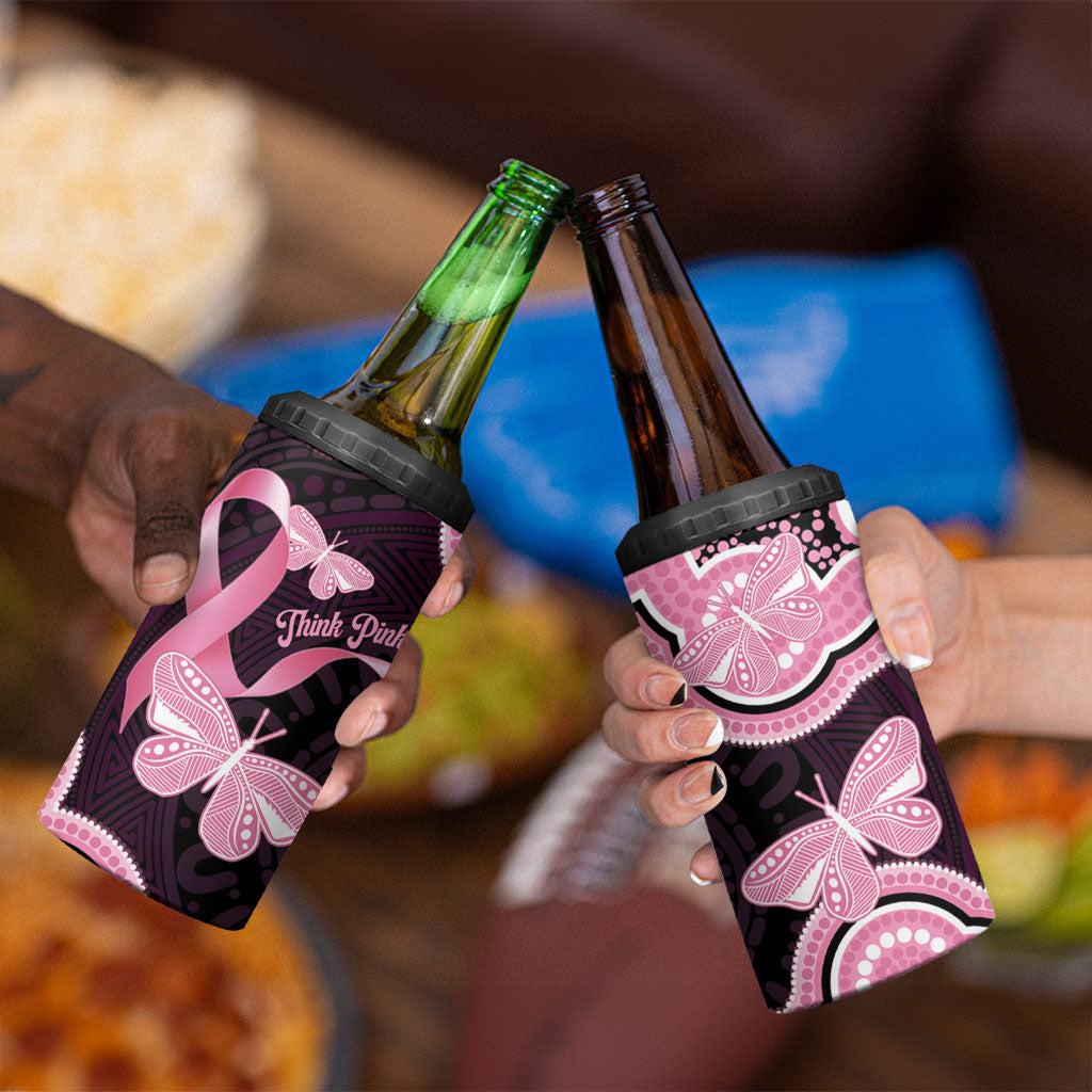 Australia Indigenous 4 in 1 Can Cooler Tumbler Pink Ribbon Breast Cancer Butterfly Aboriginal Black