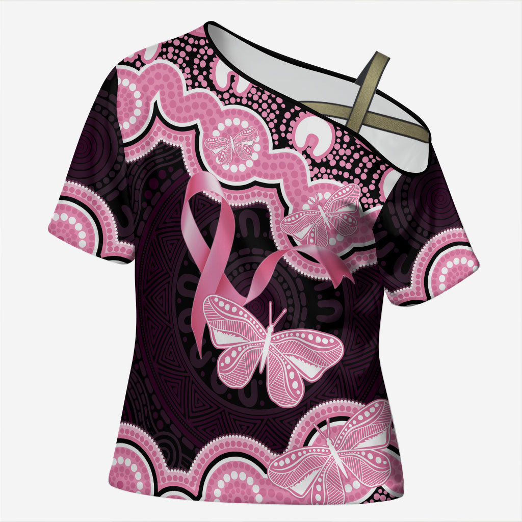 Australia Indigenous Cross Shoulder Shirt Pink Ribbon Breast Cancer Butterfly Aboriginal Black