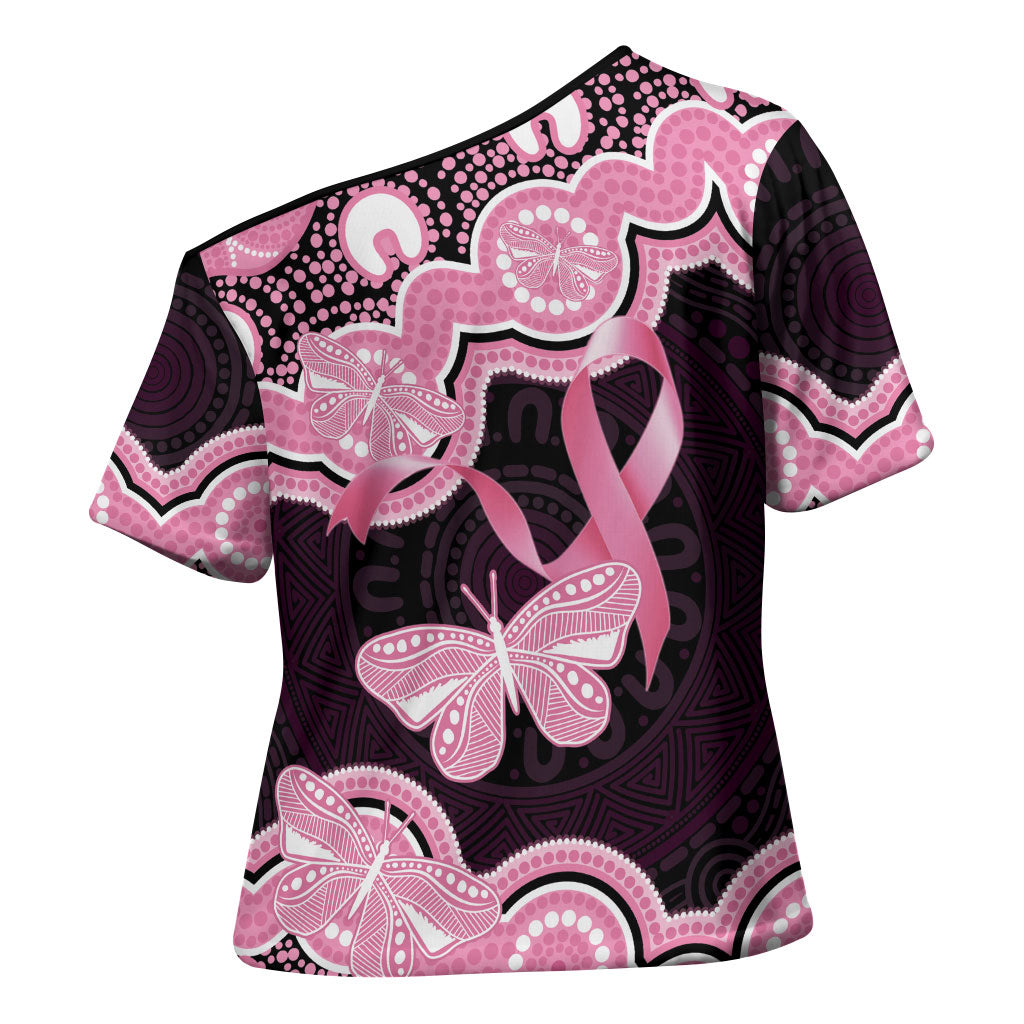 Australia Indigenous Cross Shoulder Shirt Pink Ribbon Breast Cancer Butterfly Aboriginal Black