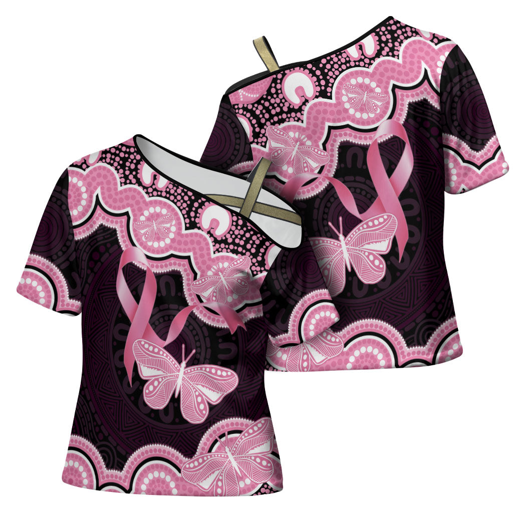 Australia Indigenous Cross Shoulder Shirt Pink Ribbon Breast Cancer Butterfly Aboriginal Black