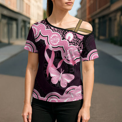 Australia Indigenous Cross Shoulder Shirt Pink Ribbon Breast Cancer Butterfly Aboriginal Black