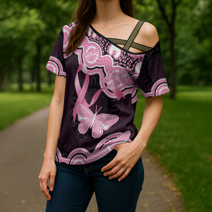 Australia Indigenous Cross Shoulder Shirt Pink Ribbon Breast Cancer Butterfly Aboriginal Black