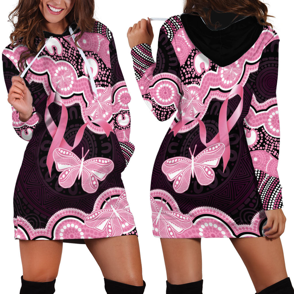 Australia Indigenous Hoodie Dress Pink Ribbon Breast Cancer Butterfly Aboriginal Black