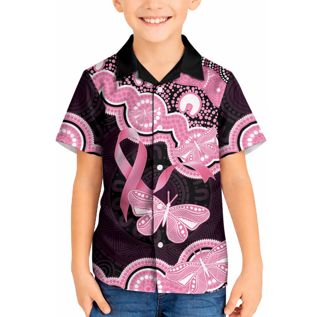Australia Indigenous Kid Hawaiian Shirt Pink Ribbon Breast Cancer Butterfly Aboriginal Black