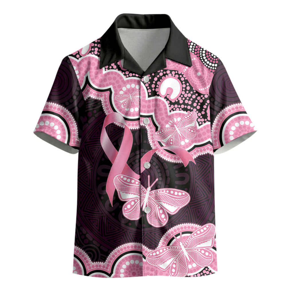 Australia Indigenous Kid Hawaiian Shirt Pink Ribbon Breast Cancer Butterfly Aboriginal Black