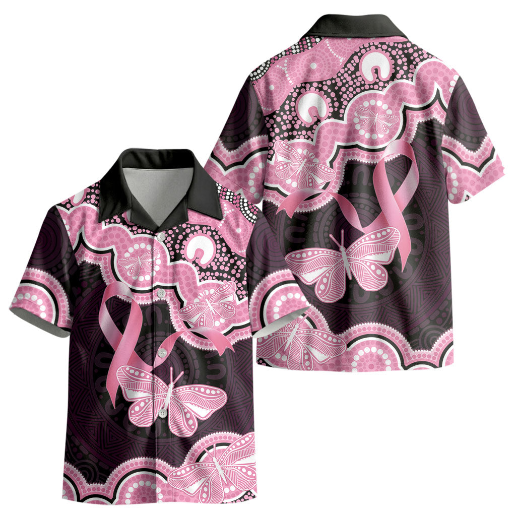 Australia Indigenous Kid Hawaiian Shirt Pink Ribbon Breast Cancer Butterfly Aboriginal Black