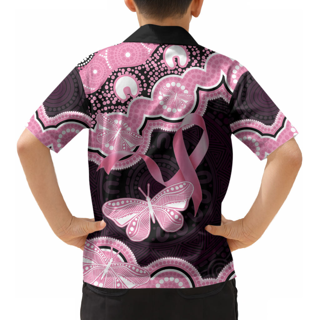 Australia Indigenous Kid Hawaiian Shirt Pink Ribbon Breast Cancer Butterfly Aboriginal Black