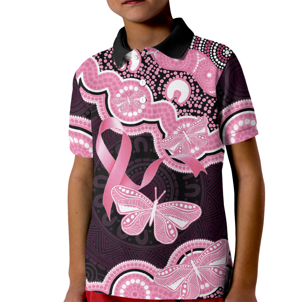 Australia Indigenous Kid Polo Shirt Pink Ribbon Breast Cancer Butterfly Aboriginal Black