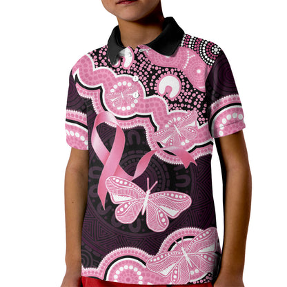 Australia Indigenous Kid Polo Shirt Pink Ribbon Breast Cancer Butterfly Aboriginal Black