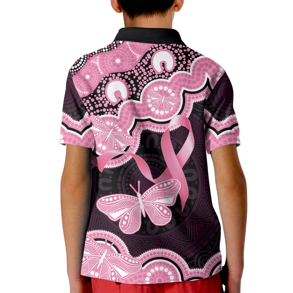 Australia Indigenous Kid Polo Shirt Pink Ribbon Breast Cancer Butterfly Aboriginal Black