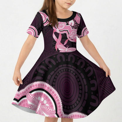Australia Indigenous Kid Short Sleeve Dress Pink Ribbon Breast Cancer Butterfly Aboriginal Black