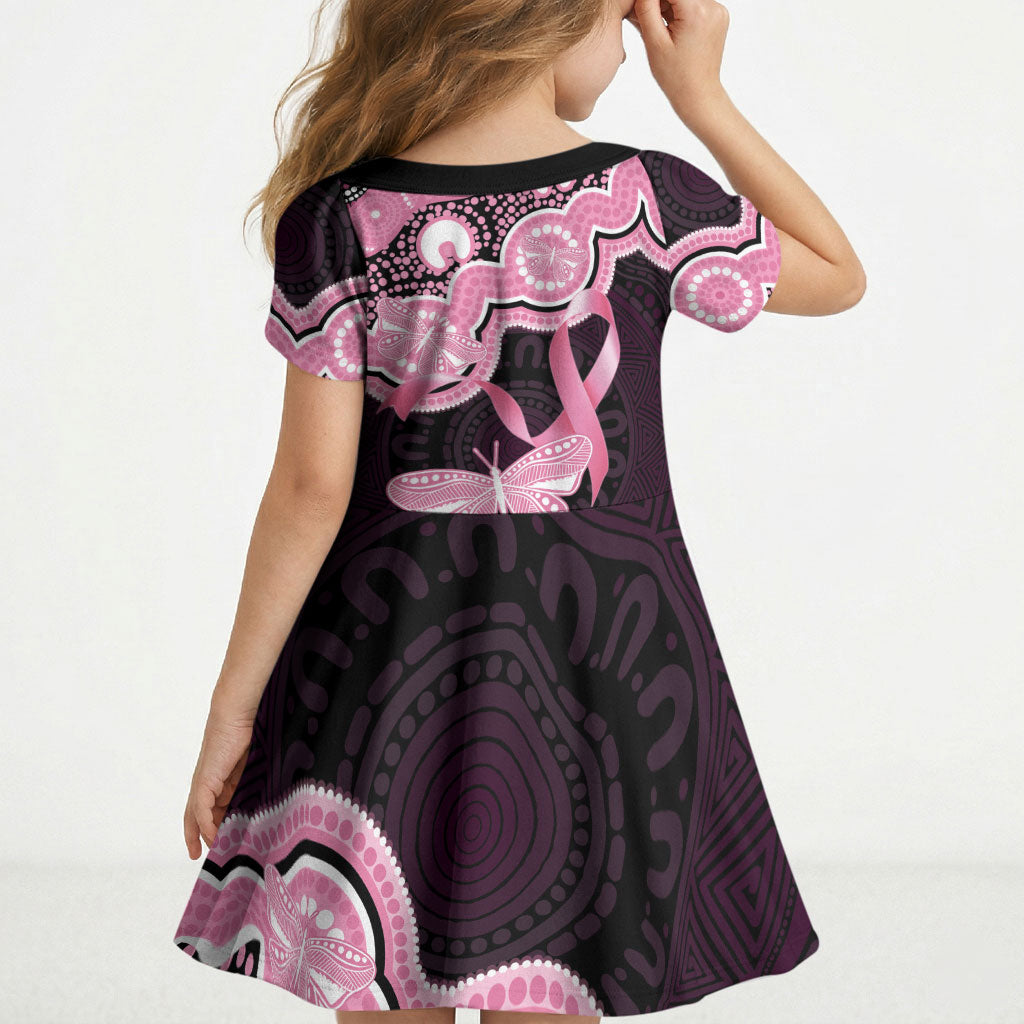 Australia Indigenous Kid Short Sleeve Dress Pink Ribbon Breast Cancer Butterfly Aboriginal Black