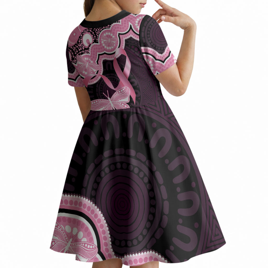 Australia Indigenous Kid Short Sleeve Dress Pink Ribbon Breast Cancer Butterfly Aboriginal Black