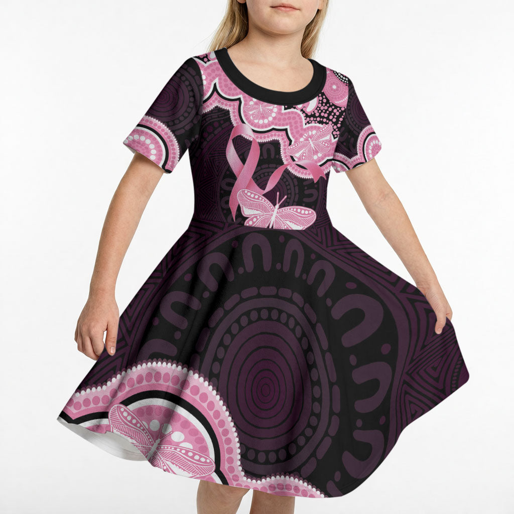 Australia Indigenous Kid Short Sleeve Dress Pink Ribbon Breast Cancer Butterfly Aboriginal Black
