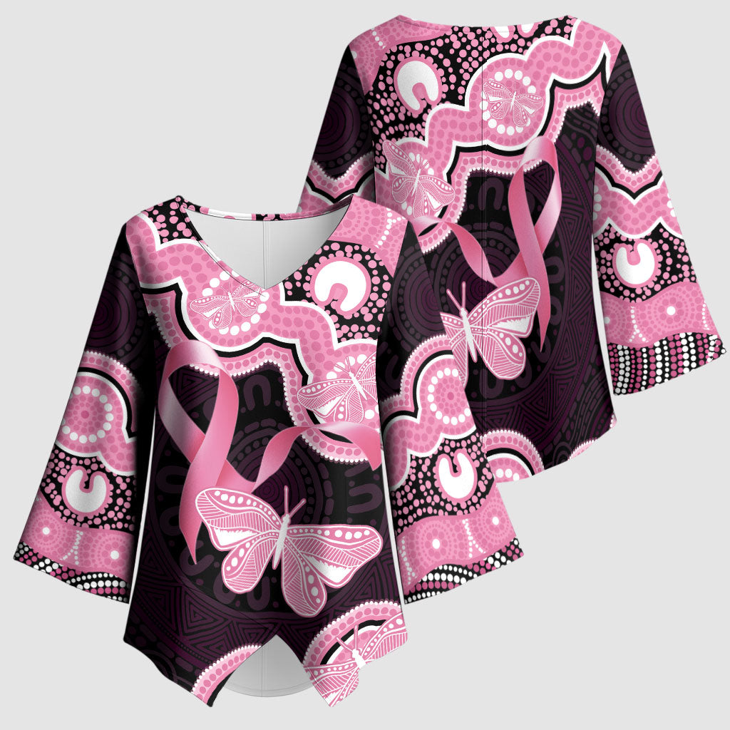 Australia Indigenous Kimono Sleeve Blouse Pink Ribbon Breast Cancer Butterfly Aboriginal Black