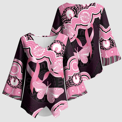 Australia Indigenous Kimono Sleeve Blouse Pink Ribbon Breast Cancer Butterfly Aboriginal Black