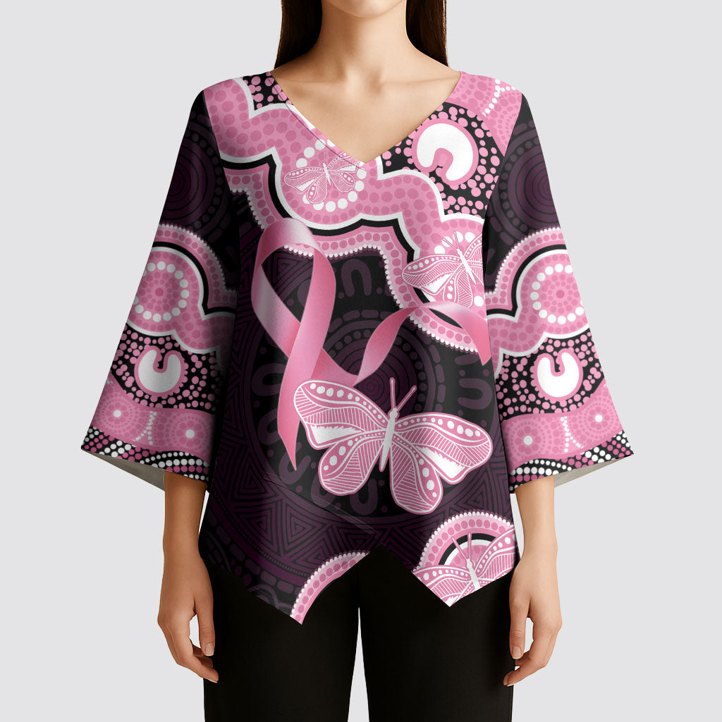 Australia Indigenous Kimono Sleeve Blouse Pink Ribbon Breast Cancer Butterfly Aboriginal Black