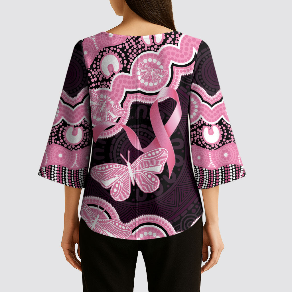 Australia Indigenous Kimono Sleeve Blouse Pink Ribbon Breast Cancer Butterfly Aboriginal Black