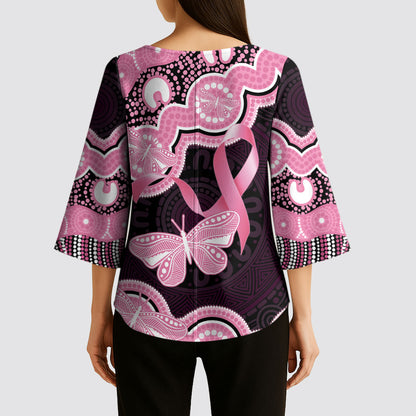 Australia Indigenous Kimono Sleeve Blouse Pink Ribbon Breast Cancer Butterfly Aboriginal Black