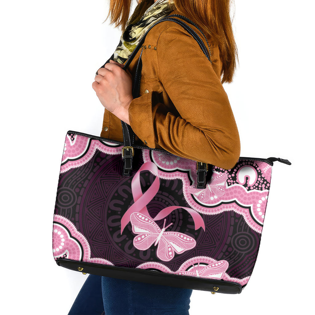 Australia Indigenous Leather Tote Bag Pink Ribbon Breast Cancer Butterfly Aboriginal Black