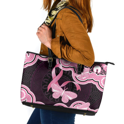 Australia Indigenous Leather Tote Bag Pink Ribbon Breast Cancer Butterfly Aboriginal Black